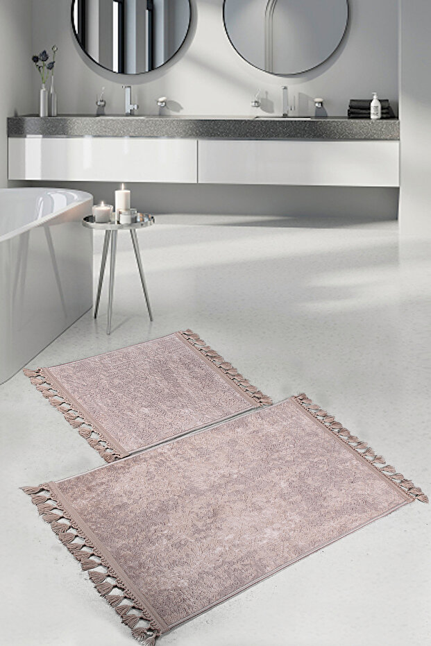 Lunessa Brown Modern Non-Slip Soft Machine Washable 2-Piece Pompom Fringed Bath Mat