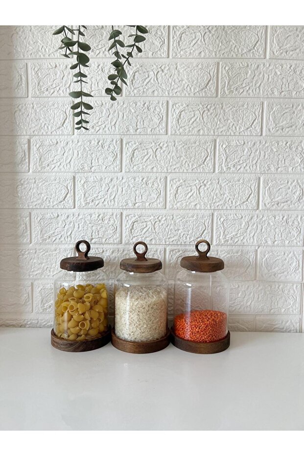 Rustic Wooden Lid Glass Jar Set of 3 – Pasta, Rice, Lentil Storage