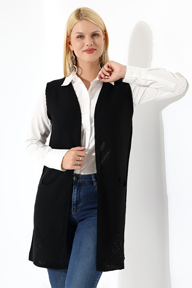 Kadın Siyah Mevsimlik Triko Yelek - 2