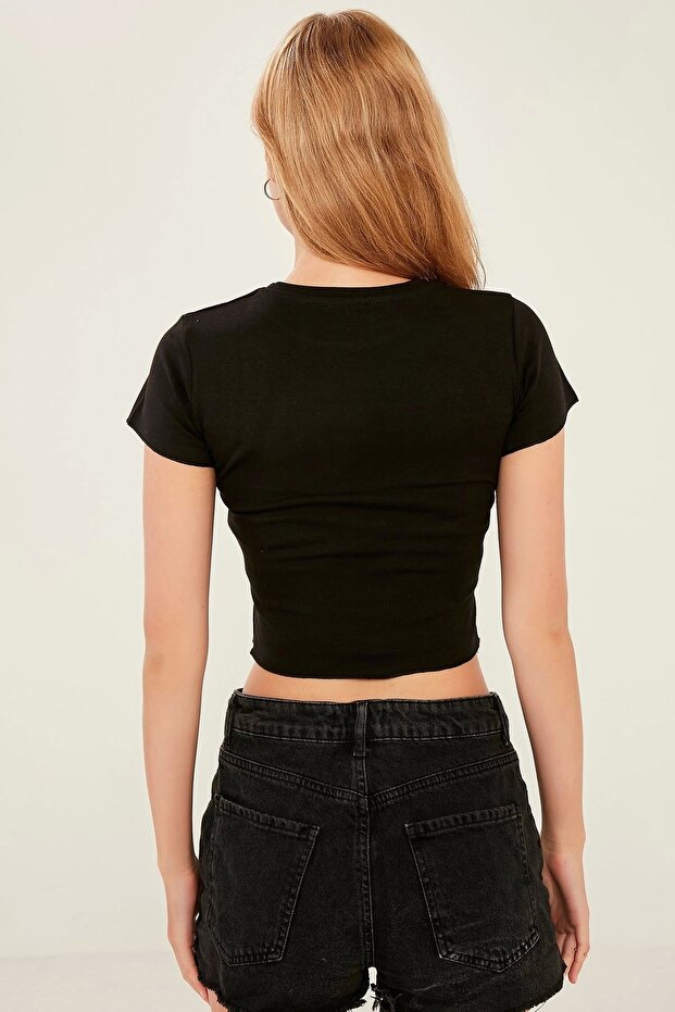 Kadın Siyah Örme Crop Bluz - 3