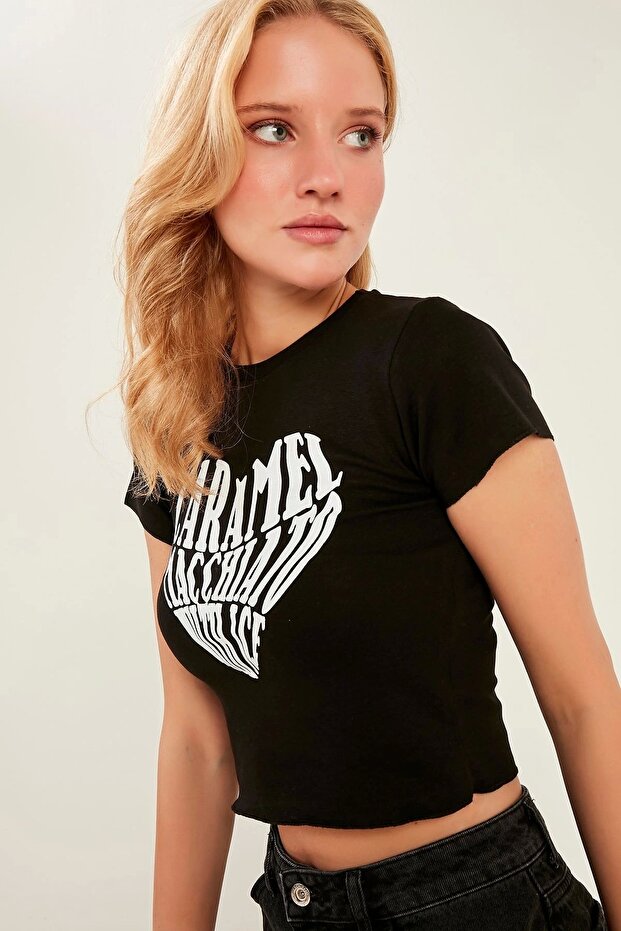 Kadın Siyah Örme Crop Bluz - 2