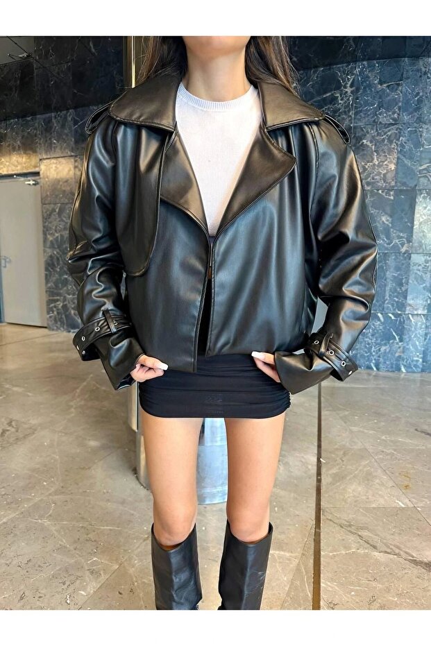OVERSİZE SİYAH DERİ CEKET - 5