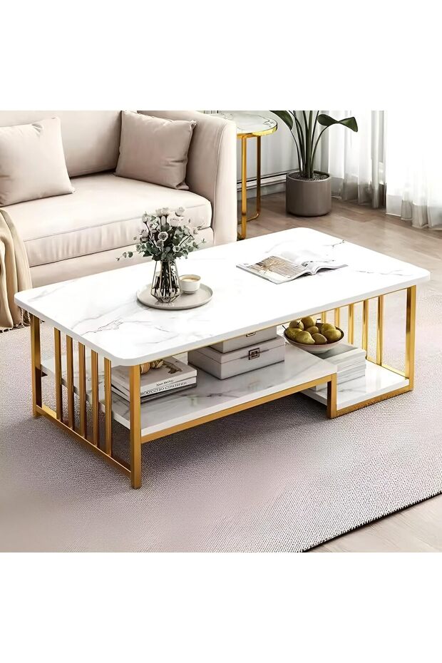 2 Layer Coffee Table White Rectangular Table For Living Room, Sofa Side Table, Marble Center Table - 1