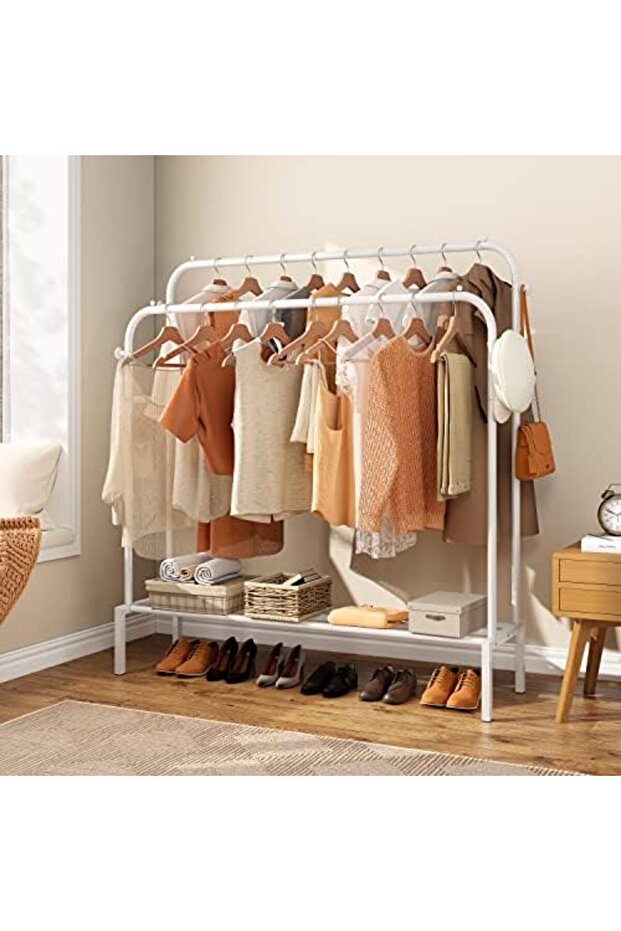 Clothes Rack for Bedroom with 2 Hanging Rails to Hang Clothes, 4 Clothe Hooks and Bottom Shelve for - 4