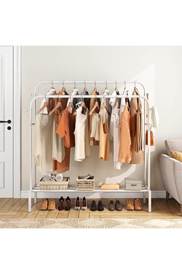 Clothes Rack for Bedroom with 2 Hanging Rails to Hang Clothes, 4 Clothe Hooks and Bottom Shelve for - 6