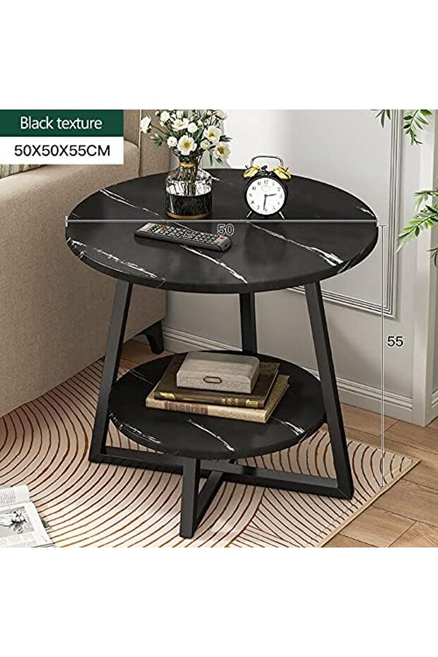 Round Coffee Table, Double Layer Sofa Side Table End Table, Imitation Marble Coffee Round Table Snac - 2