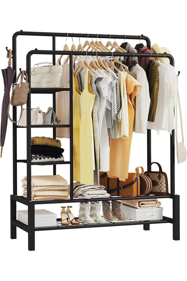 Heavy Duty Clothes Rail, Sturdy 120KG Black Metal Clothes Rack With Double Hanging Clothing Ra