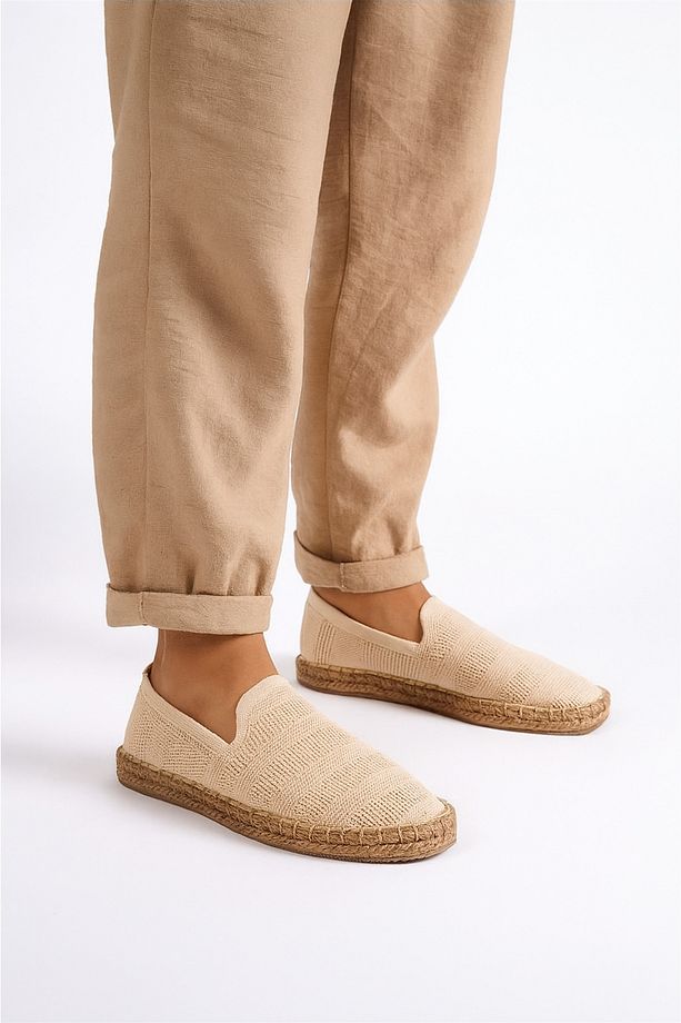 Erkek Bej El Yapımı Hasır Taban  Rahat Örme Triko Spor Günlük Espadril Ayakkabı Sneaker - 1
