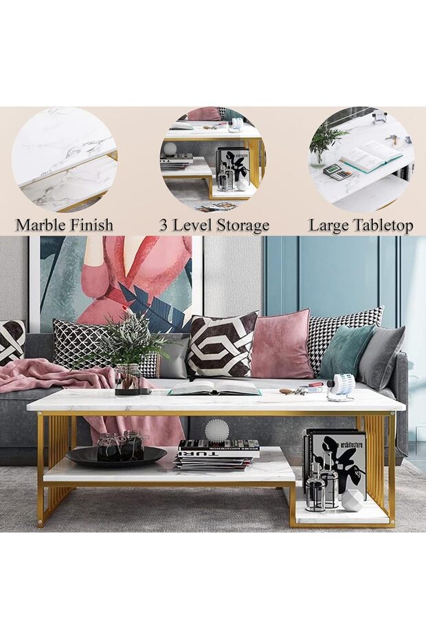 2 Layer Coffee Table White Rectangular Table For Living Room, Sofa Side Table, Marble Center Table - 5