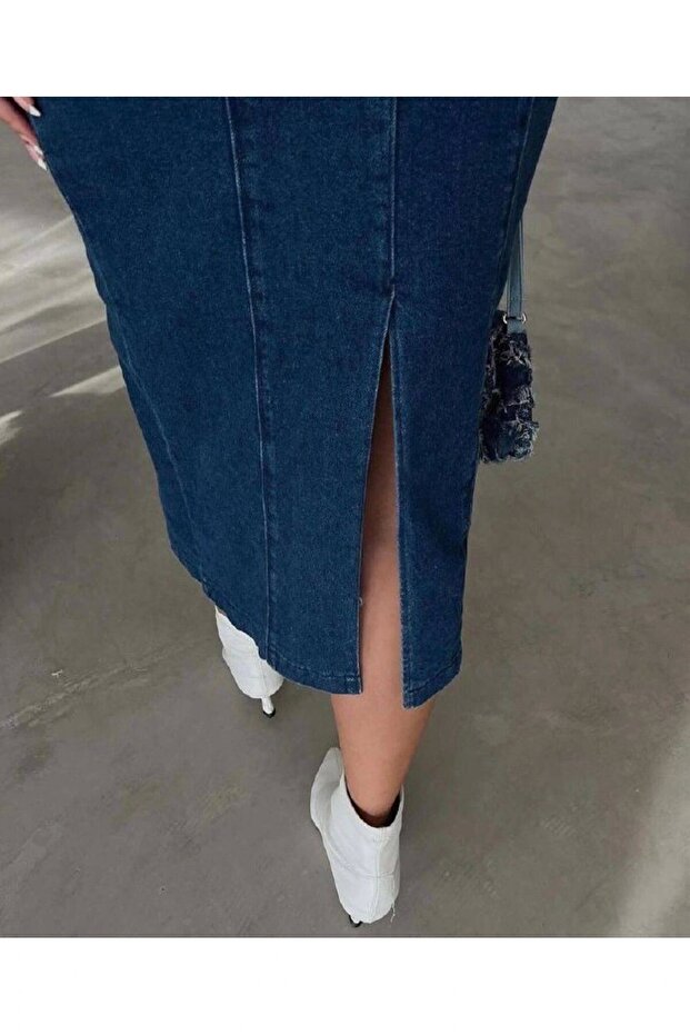 Timagna Slim Fit Strap Slit Midi Length Denim Dress - 3