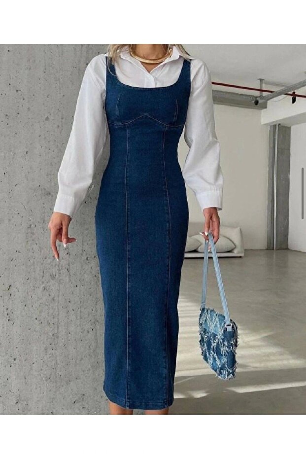 Timagna Slim Fit Strap Slit Midi Length Denim Dress - 2