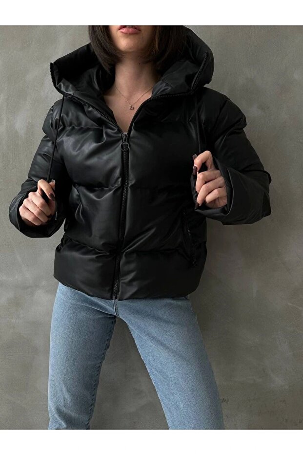Γυναικείο μπουφάν puffer δερμάτινο, μαύρο. - 4