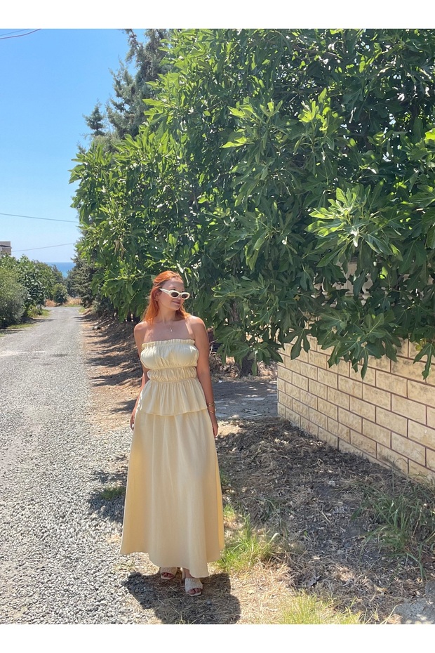 Butter Yellow Strapless Blouse Skirt Linen Suit
