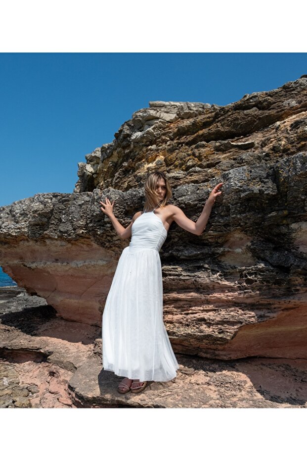 Women's Halter Neck Backless Long Tulle Dress