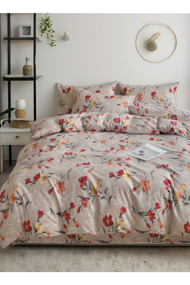 King Size 6-piece Modern Duvet Cover Set With Orange Floaral Design 220x240cm.