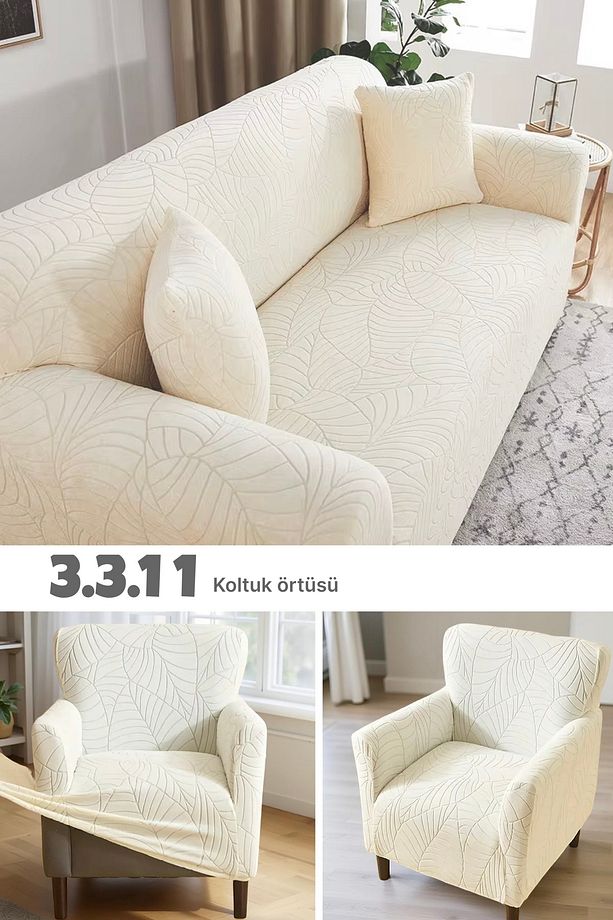 3 3 1 1 Streç Lastikli Esnek Yıkanabilir Jakarlı Koltuk Örtüsü Takımı Koltuk Kılıfı - 1