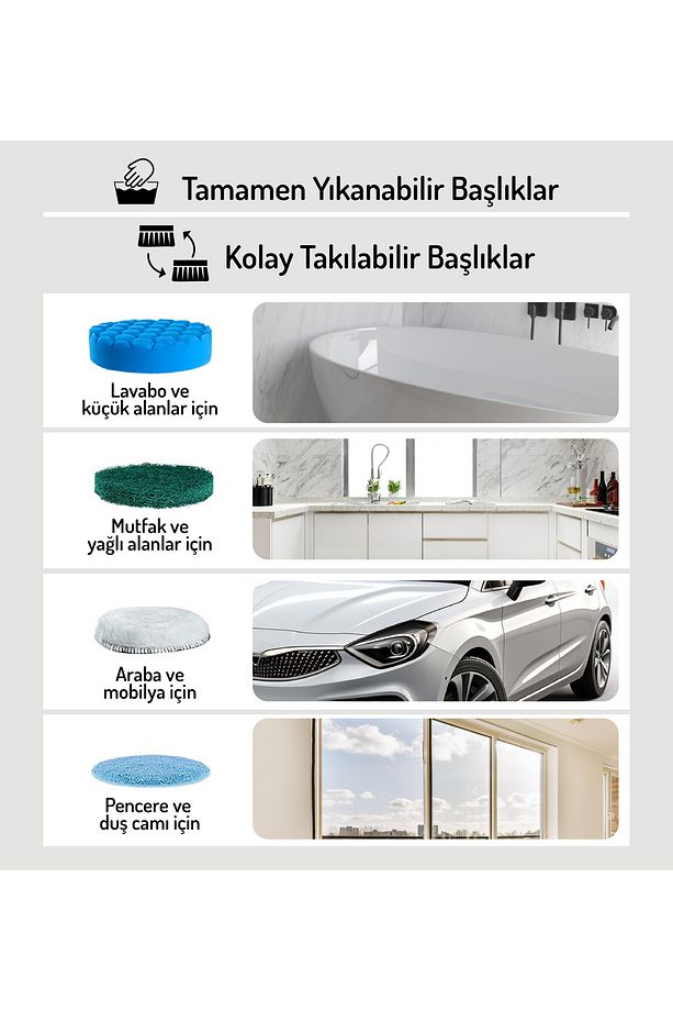Şarjlı Ve Elektrikli Temizlik Fırçası, 7 Başlık, Mutfak, Banyo, Araba, Halı Ve Tüm Yüzeyler Fırçası - 7