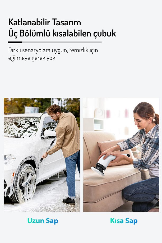 Şarjlı Ve Elektrikli Temizlik Fırçası, 7 Başlık, Mutfak, Banyo, Araba, Halı Ve Tüm Yüzeyler Fırçası - 6