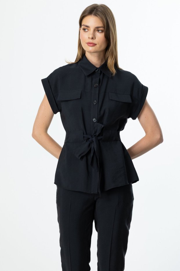 Women's Waist Tied Buttoned Blouse 3330 Black