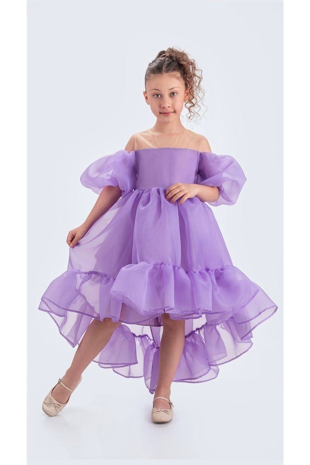 Babyaden Tailed Karolin Cloth Low Balloon Sleeve Birthday Evening Dress Costume Girl Children Dress