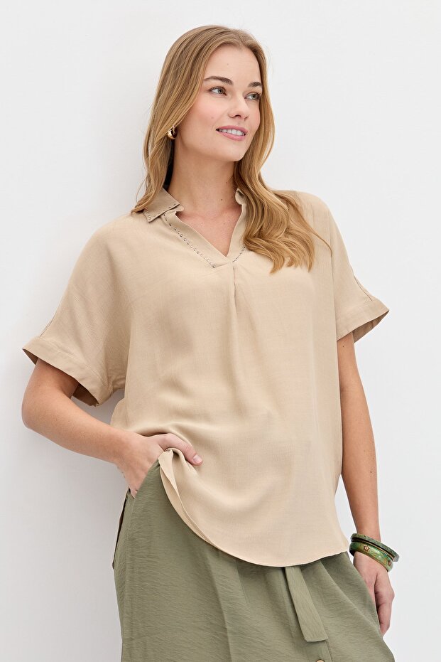 Women's Collar Stoned Maroken Shirt Mink