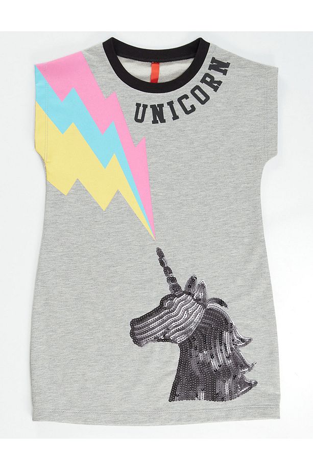 Gri Unicorn Payet Işlemeli Kız Çocuk Yazlık Elbise - 3