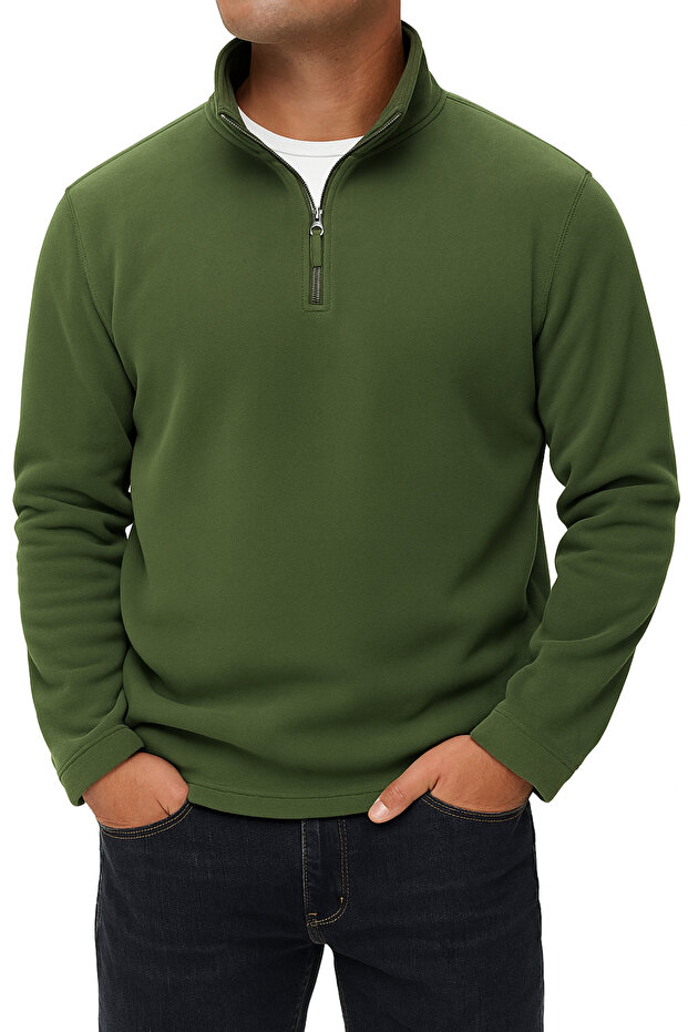 Men's Half Zip Long Sleeve Khaki Green Fleece Sweatshirt