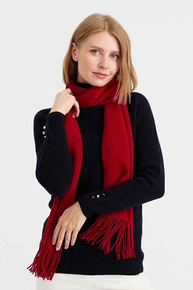 Women's Knitwear Single Color Tasseled Wool Scarf Red