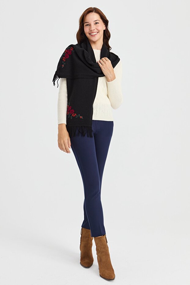 Women's Knitwear Floral Edge Wool Scarf Black
