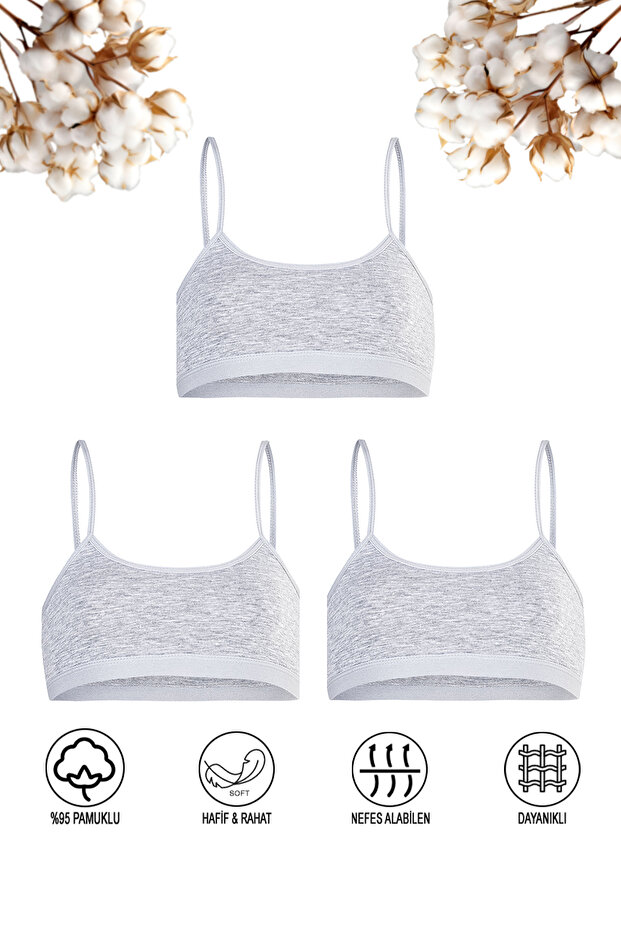 Özkan 42324 3-Pack Girls' Cotton Single Jersey Flexible Comfortable Non-Padded Thin Strap Training Bra Yar