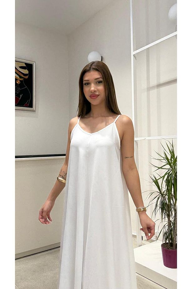 İp Askılı Derin V Yaka Salaş Uzun Oversize Rahat Elbise - 4