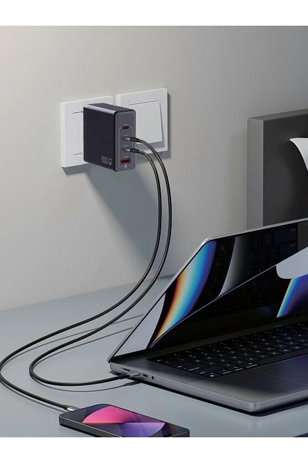 100WHızlı Şarj Adaptörü 3x Usb-C + 1x Usb-A Çoklu Port | Laptop & Telefon Uyumlu | Pd Power Delivery - 5