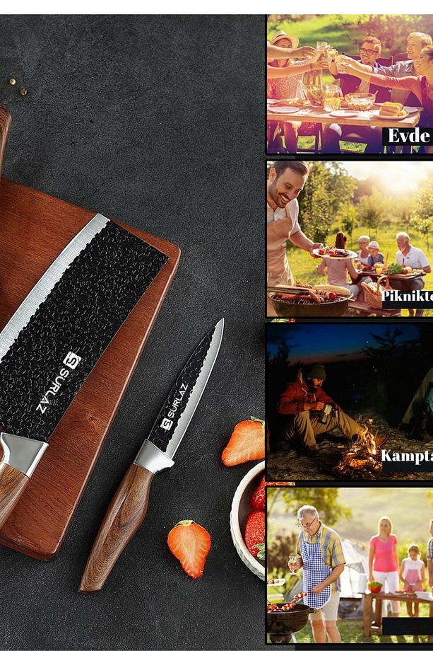 3 Parça Şef Bıçağı Seti Paslanmaz Çelik, El Dövmesi Desen, Ergonomik Ahşap Sap Hediyelik Bıçak Seti - 6