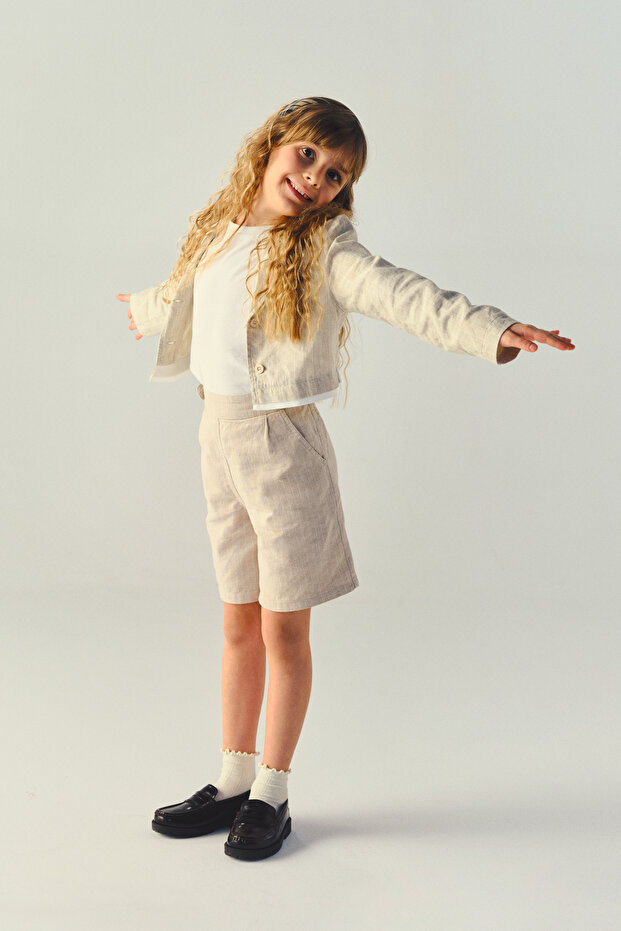 Girl's Elastic Waist Belt Button Detailed Striped Beige Shorts