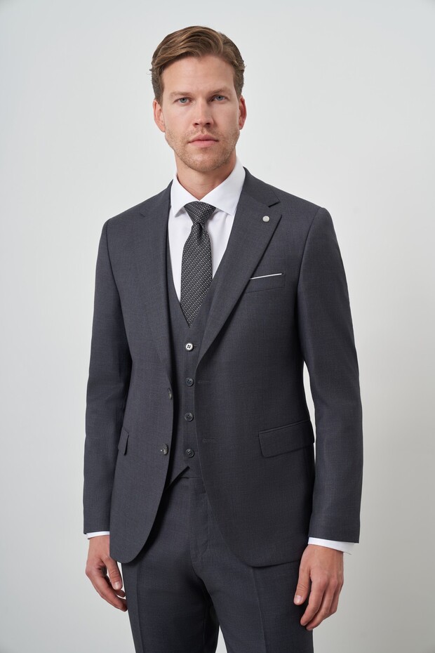Men's Smoked Polyviscose Slim Fit Vest Mono Collar Suit