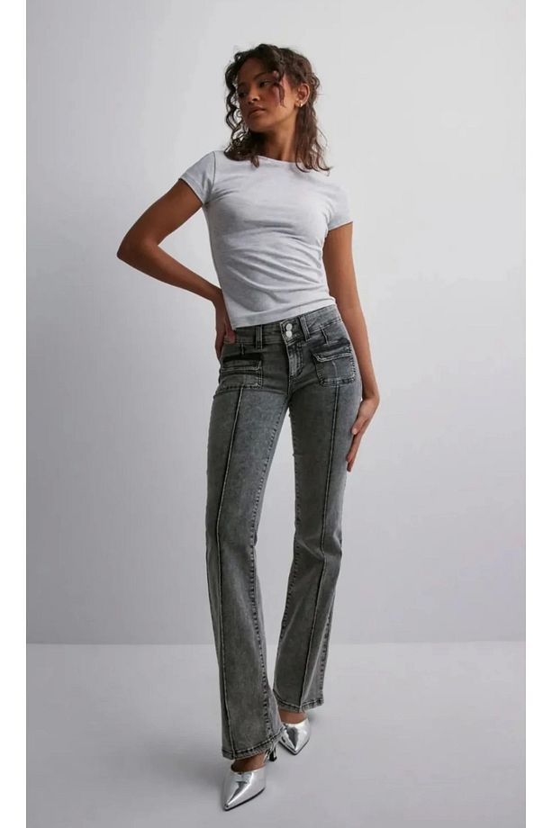 Düşük Bel Gri Bootcut Cep Kot Pantolon - 4