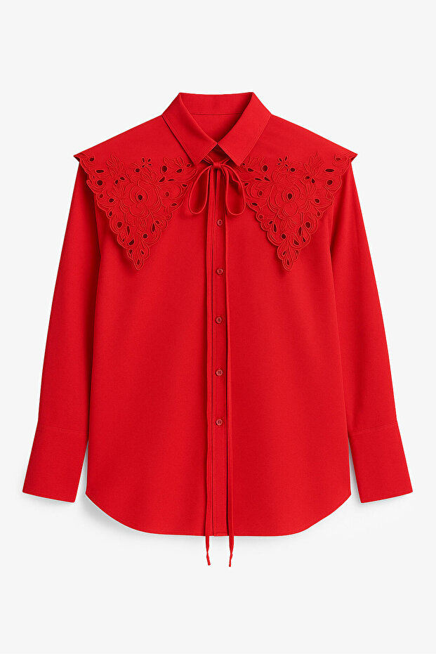 Embroidery Detail Wide Collar Shirt