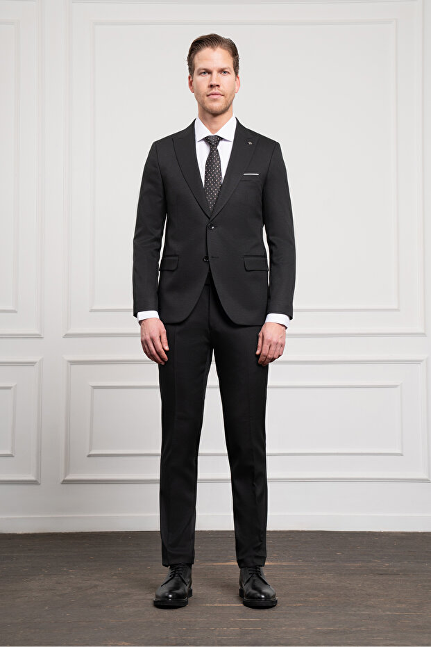 بدلة رجالية سوداء بنمط الجاكار الأساسي بقصة ضيقة وياقة مدببة - 2