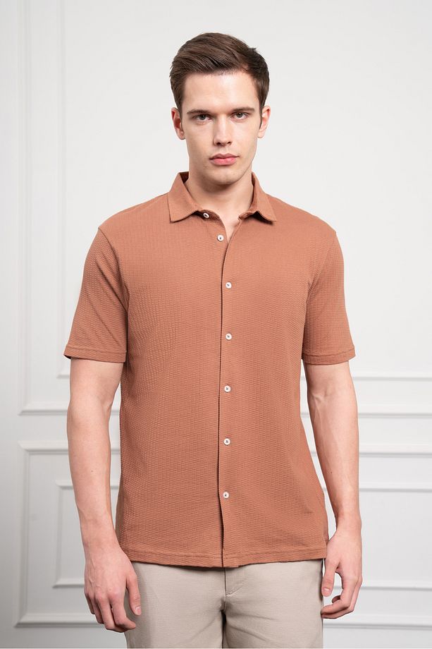 Erkek Kiremit Trend Apaçi Yaka Dynamic Fit Kısa Kollu Gömlek - 1