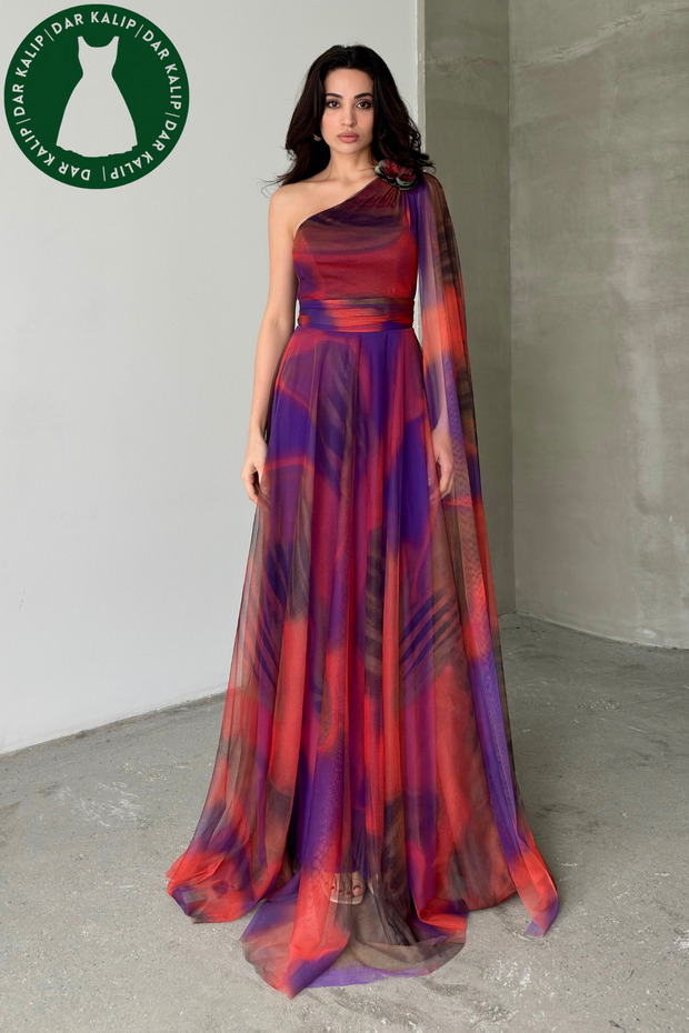 Orange Shawl Shoulder Floral Detail Long Evening Dress