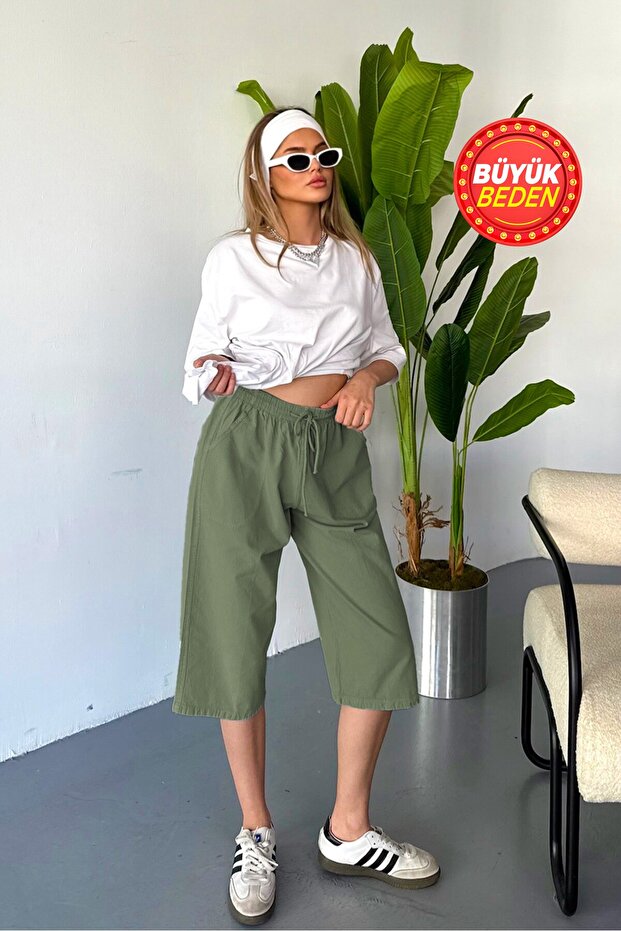 Women's Large Size High Waist Linen Look 100% Cotton Capri W203