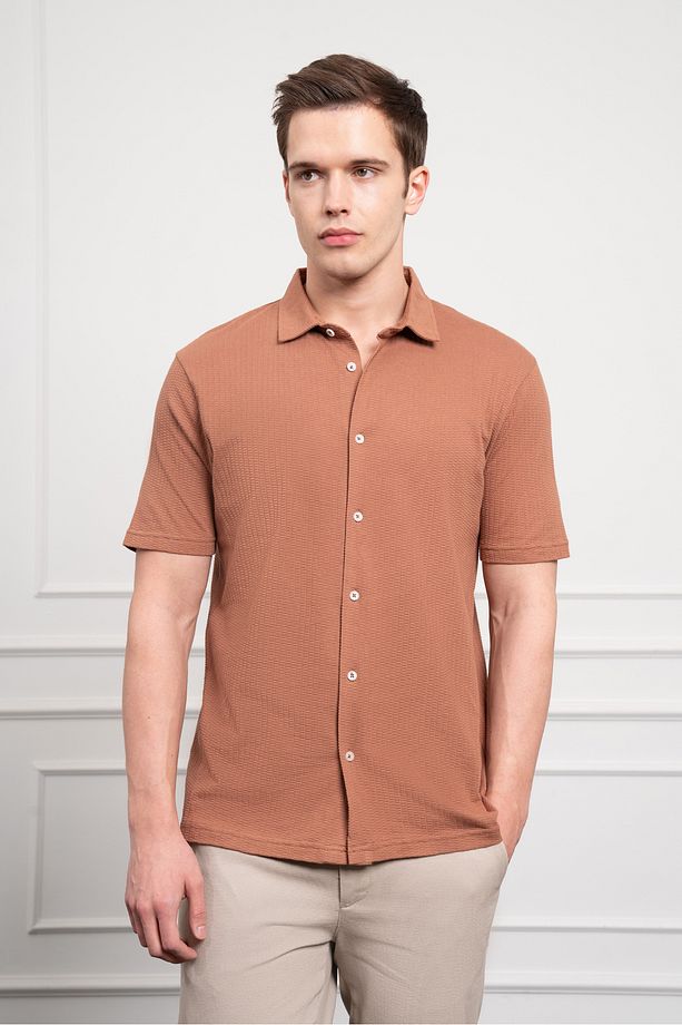 Erkek Kiremit Trend Apaçi Yaka Dynamic Fit Kısa Kollu Gömlek - 4