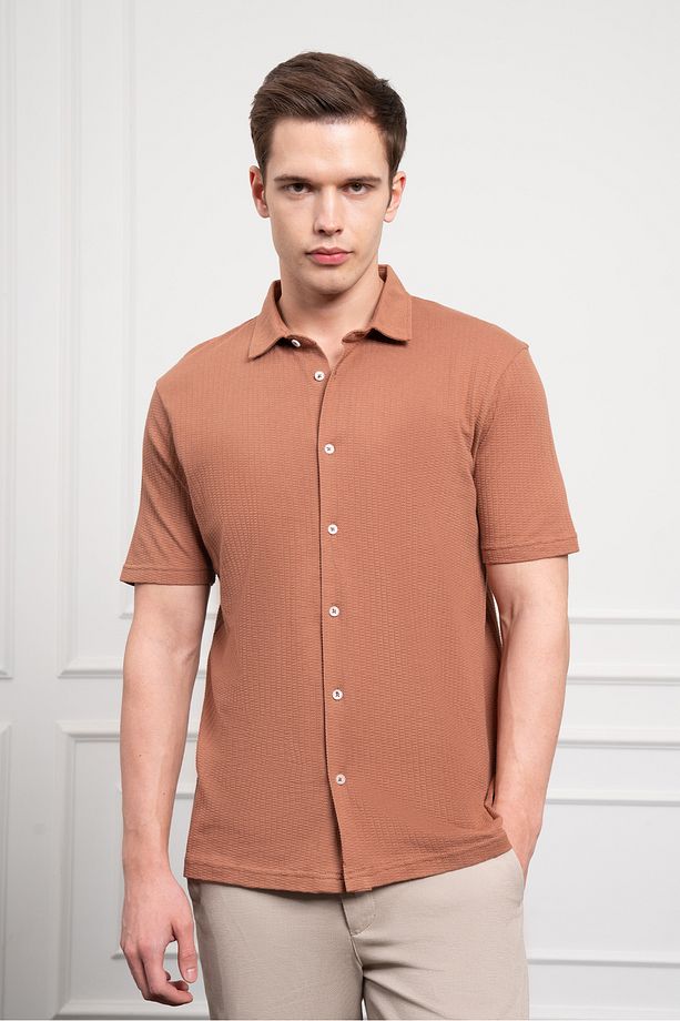 Erkek Kiremit Trend Apaçi Yaka Dynamic Fit Kısa Kollu Gömlek - 3