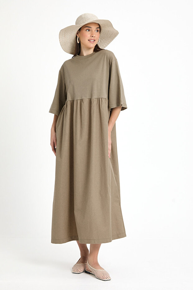 Haki Üstü Penye Altı Dokuma Oversize Uzun Elbise 27258 - 4