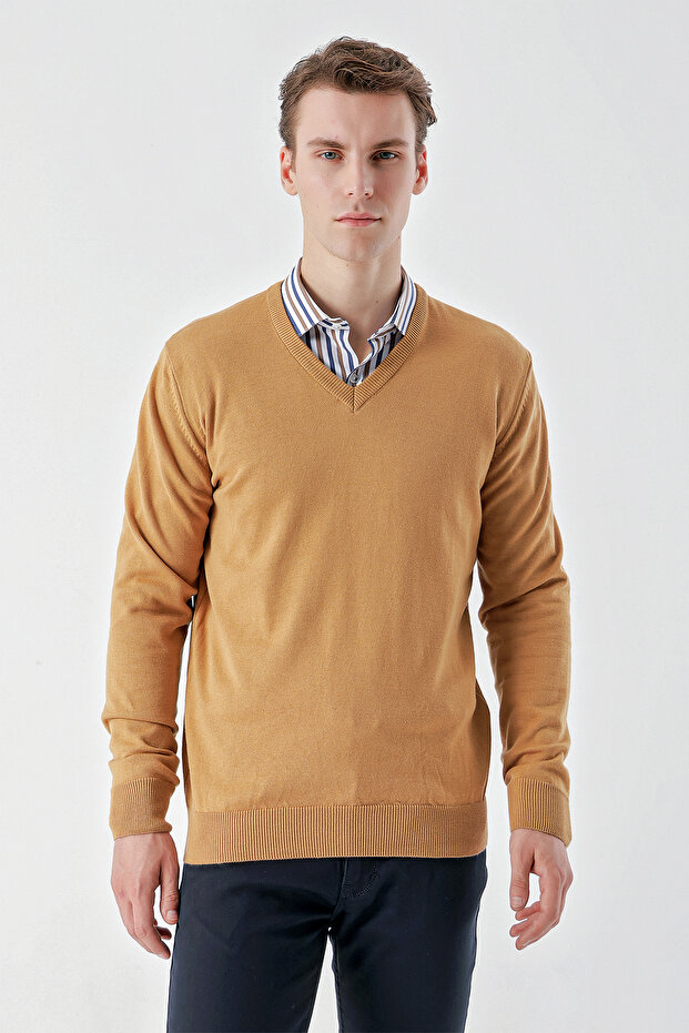 Чоловічий Camel Basic V-подібний комір Dynamic Fit Зручний крій Трикотаж - 1