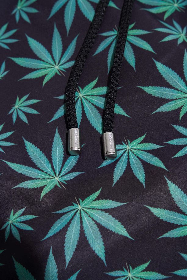 Erkek Cannabis Leaves Baskılı Siyah Yeşil Deniz Şortu - 8