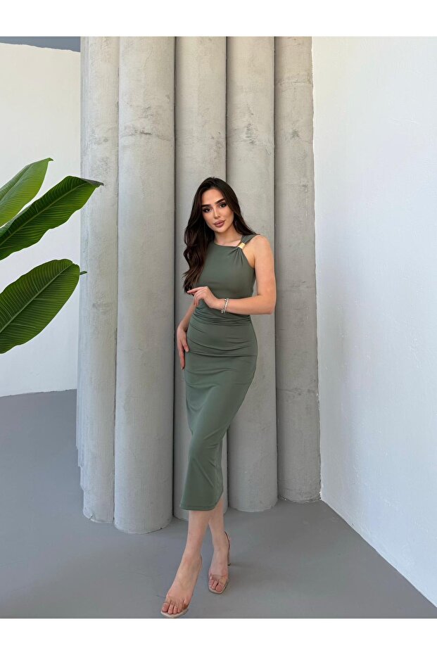 Kadın Asimetrik Drapeli Zr Model Maxi Elbise - 1