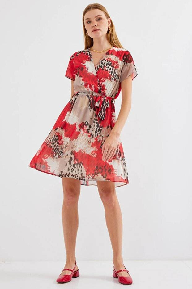 2502 Short Sleeve Print Chiffon Dress - Red