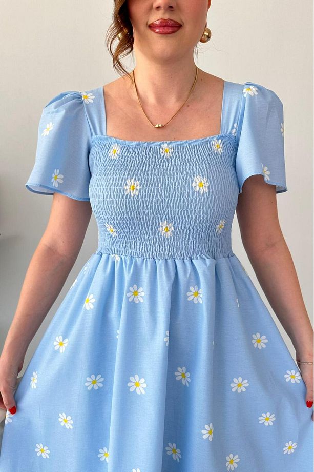Papatyalı Çan Kol Poplin Elbise Bebe Mavi - 4