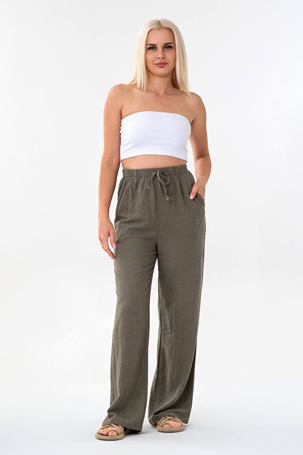 Linen Elastic Waist 100% Natural Fabric Trousers Khaki